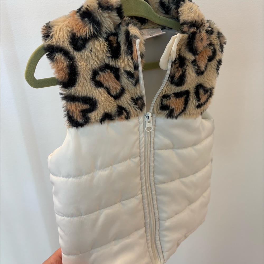 Madison Layne Cream Puffer Vest with Leopard Fur-Trim